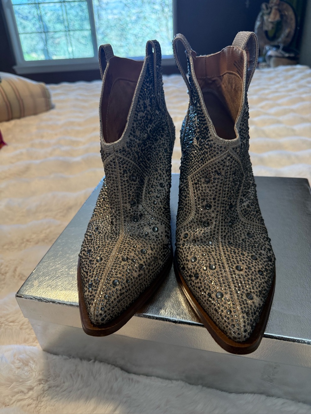 Jessica Simpson Embellished Pointed-Toe Ankle Boots in light bronze